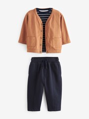 Tan Brown/Navy Blue Jersey Cardigan And Joggers 3 Piece Set (3mths-7yrs) - Image 4 of 7