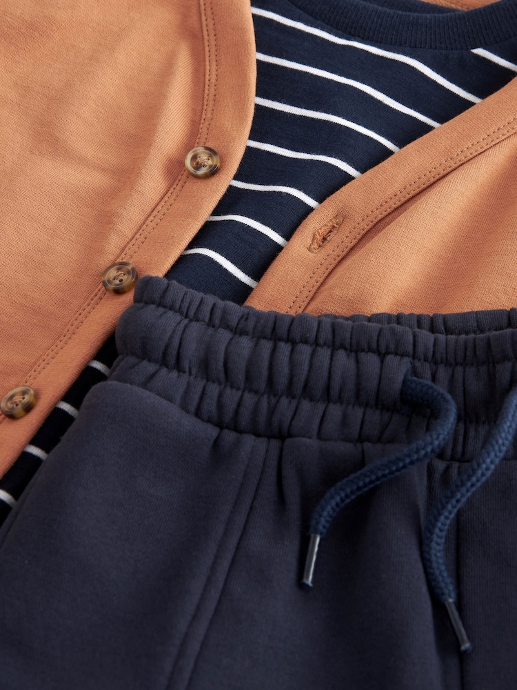 Tan Brown/Navy Blue Jersey Cardigan And Joggers 3 Piece Set (3mths-7yrs) - Image 7 of 7