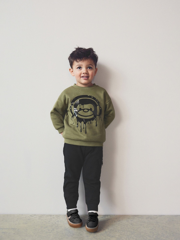 Khaki Green/Black Drippy Monkey Character Sweatshirt and Joggers Set (3mths-7yrs) - Image 1 of 8
