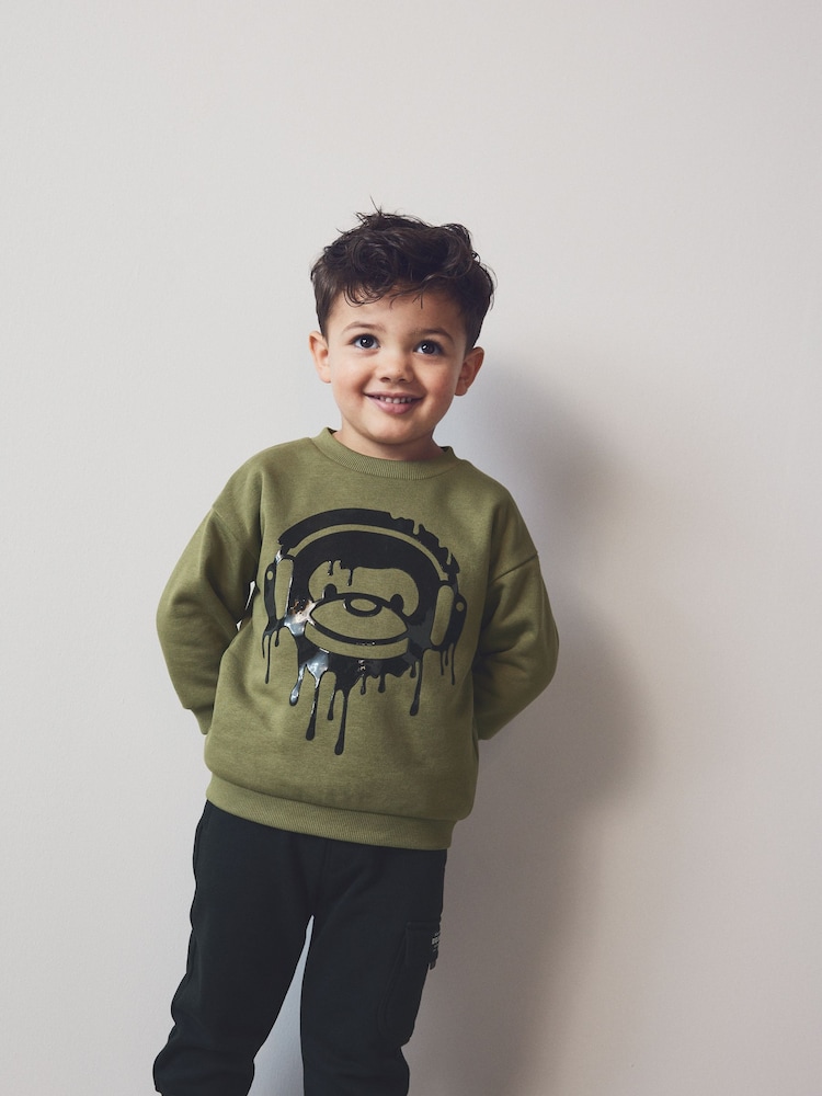 Khaki Green/Black Drippy Monkey Character Sweatshirt and Joggers Set (3mths-7yrs) - Image 2 of 8