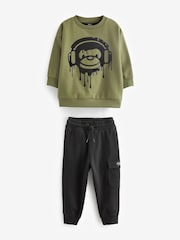 Khaki Green/Black Drippy Monkey Character Sweatshirt and Joggers Set (3mths-7yrs) - Image 5 of 8