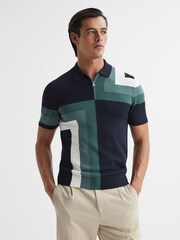 Reiss Navy Chapel Slim Fit Short Sleeve Half Zip Colourblock Polo Shirt - Image 1 of 7