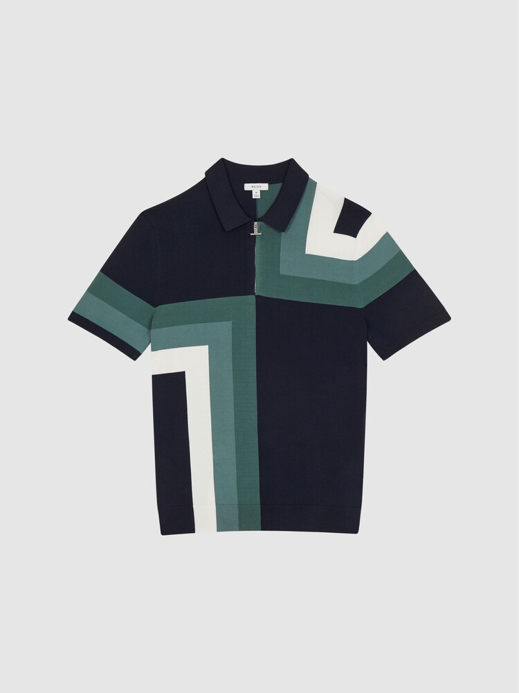Reiss Navy Chapel Slim Fit Short Sleeve Half Zip Colourblock Polo Shirt - Image 2 of 7