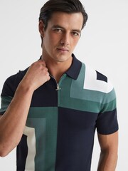 Reiss Navy Chapel Slim Fit Short Sleeve Half Zip Colourblock Polo Shirt - Image 4 of 7