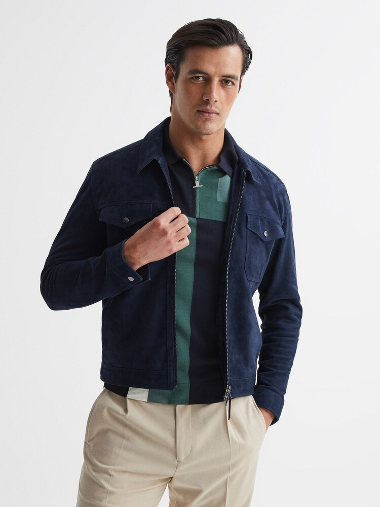 Reiss Navy Chapel Slim Fit Short Sleeve Half Zip Colourblock Polo Shirt - Image 7 of 7