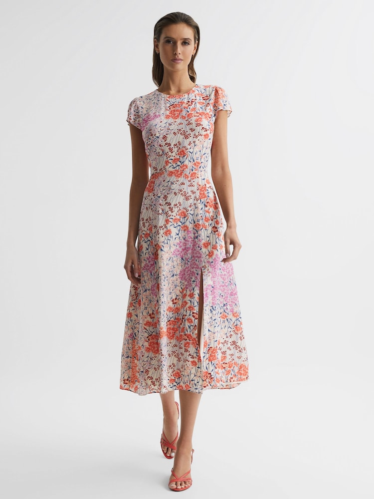 Reiss Coral/White Luna Floral Print Cap Sleeve Dress - Image 1 of 6