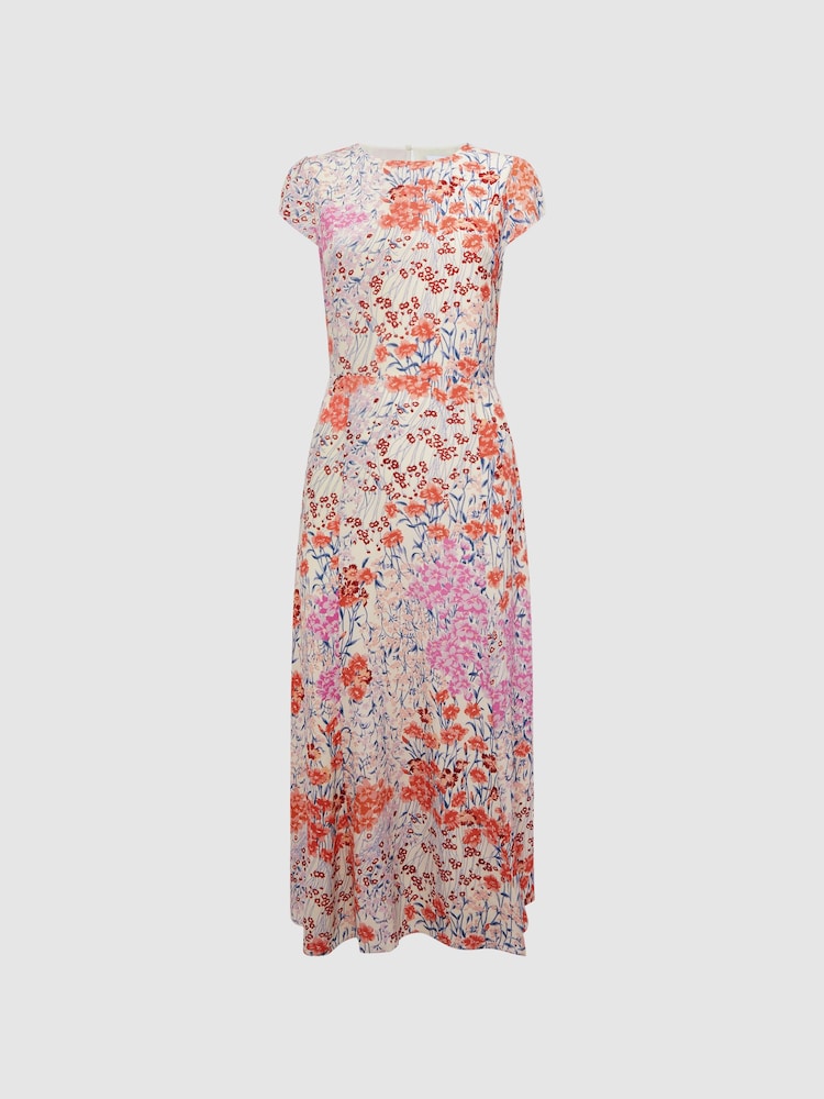 Reiss Coral/White Luna Floral Print Cap Sleeve Dress - Image 2 of 6