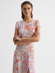 Reiss Coral/White Luna Floral Print Cap Sleeve Dress - Image 3 of 6