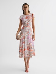 Reiss Coral/White Luna Floral Print Cap Sleeve Dress - Image 6 of 6