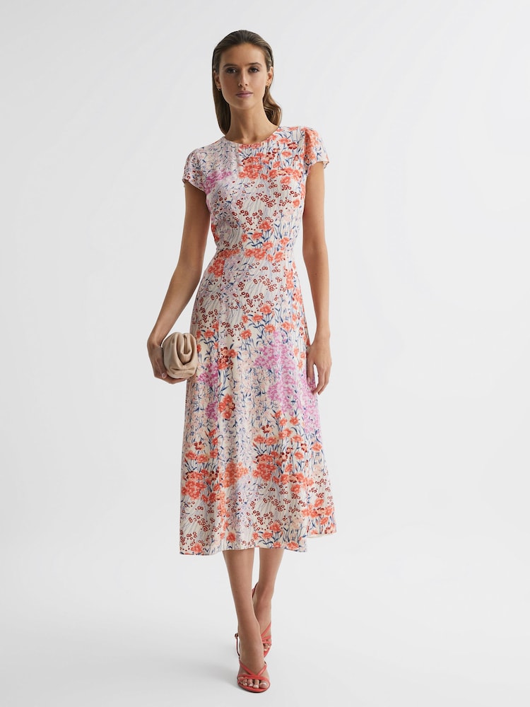 Reiss Coral/White Luna Floral Print Cap Sleeve Dress - Image 6 of 6