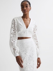 Reiss White Immi Lace Cropped Co-ord Blouse - Image 1 of 5
