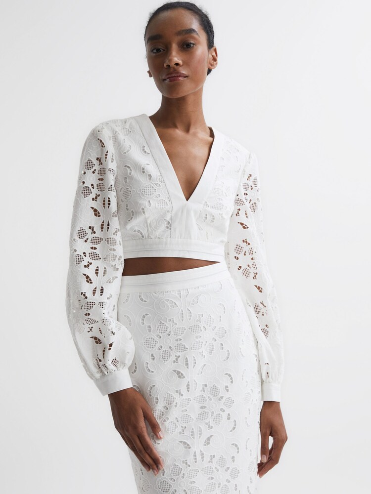 Reiss White Immi Lace Cropped Co-ord Blouse - Image 1 of 5