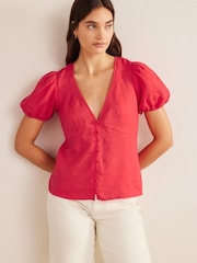 Boden Red Fitted Linen V-Neck Top - Image 1 of 4