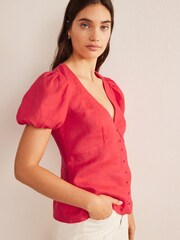 Boden Red Fitted Linen V-Neck Top - Image 3 of 4
