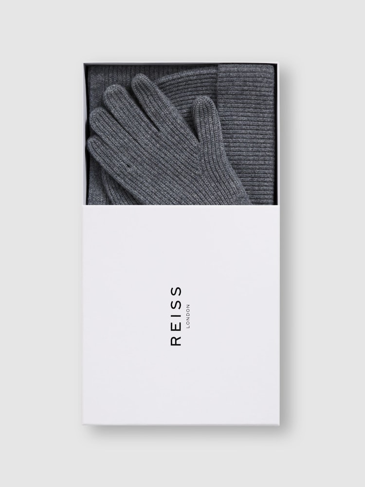 Reiss Charcoal Chesterfield Gs Merino Wool Hat, Scarf, and Gloves Set - Image 1 of 7