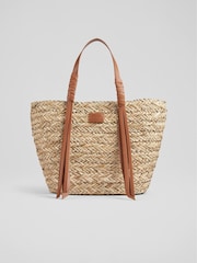 LK Bennett Tan Brown Leather Violetta Tassel Straw Bag - Image 1 of 5