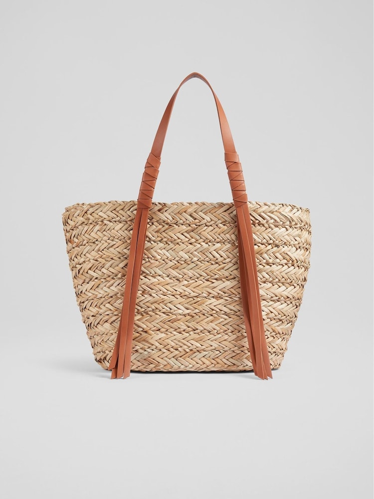 LK Bennett Tan Brown Leather Violetta Tassel Straw Bag - Image 2 of 5