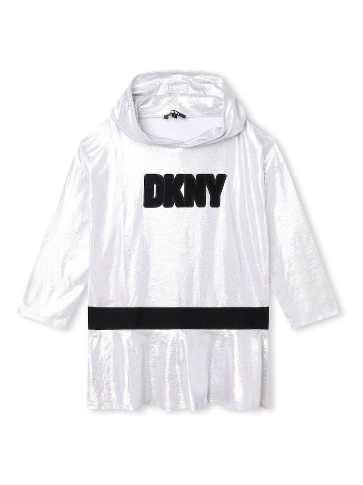 DKNY Silver Metallic Hooded Logo Dress - Image 1 of 3