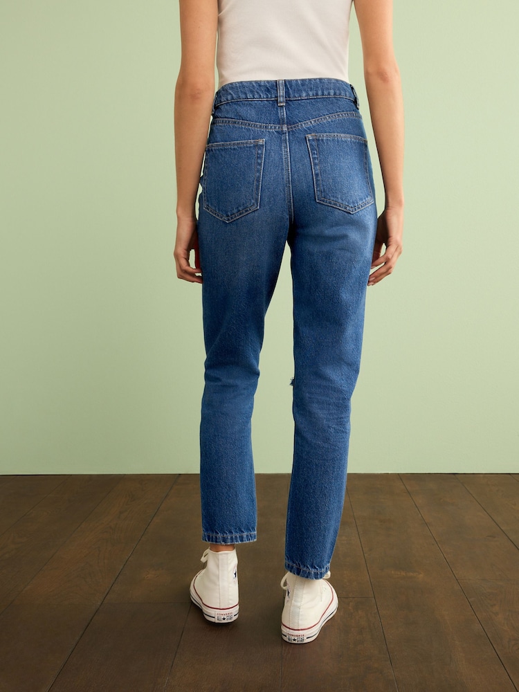 Dark Blue Rip Knee Mom Jeans - Image 3 of 5