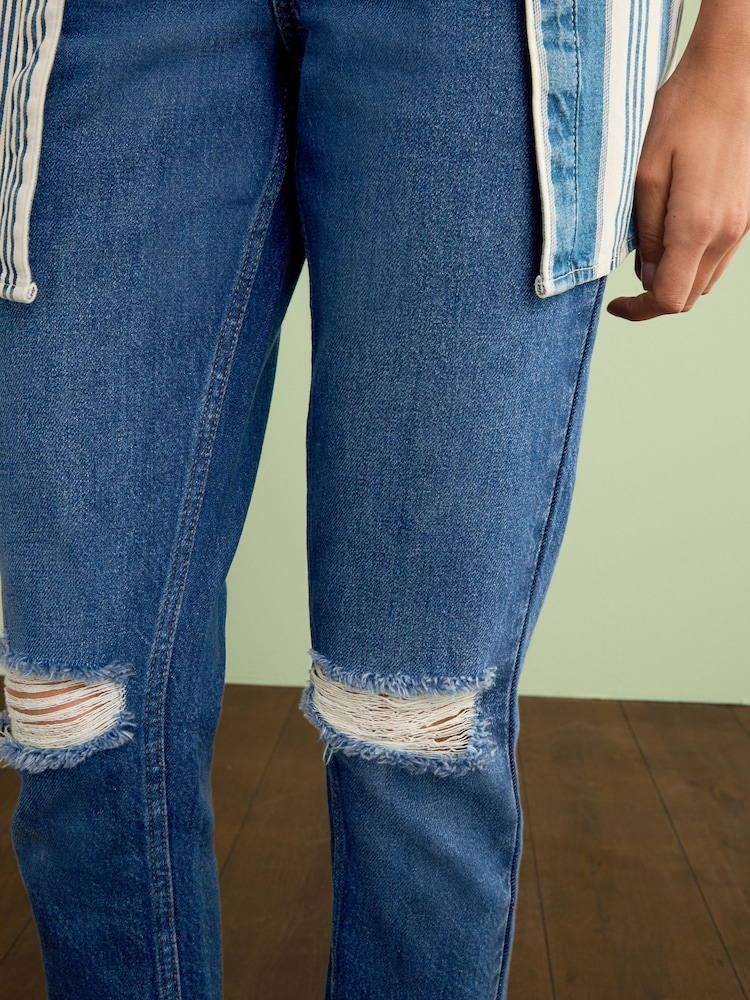 Dark Blue Rip Knee Mom Jeans - Image 4 of 5