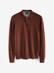 Brick Red Regular Signature Merino Long Sleeve Polo Shirt - Image 7 of 9