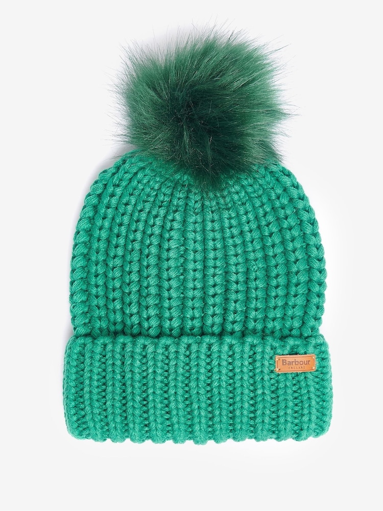 Barbour® Green Saltburn Cable Knit Pom Beanie Hat - Image 1 of 4
