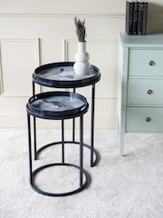 Laura Ashley Set of 2 Blue Belvedere Peacock Print Side Tables - Image 1 of 4