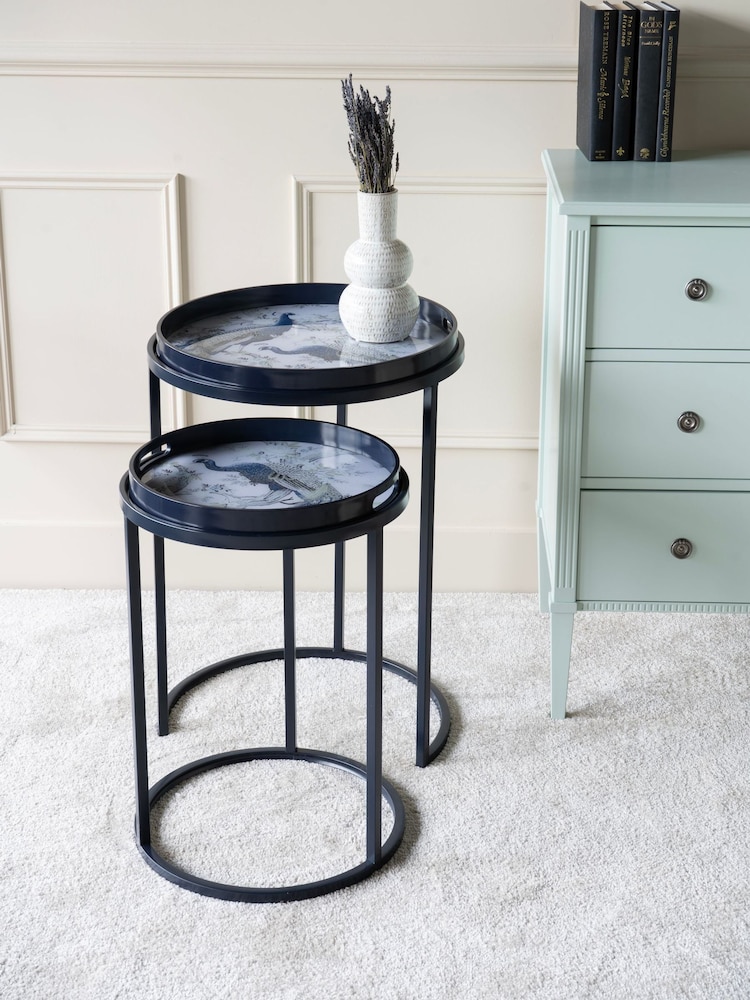 Laura Ashley Set of 2 Blue Belvedere Peacock Print Side Tables - Image 1 of 4