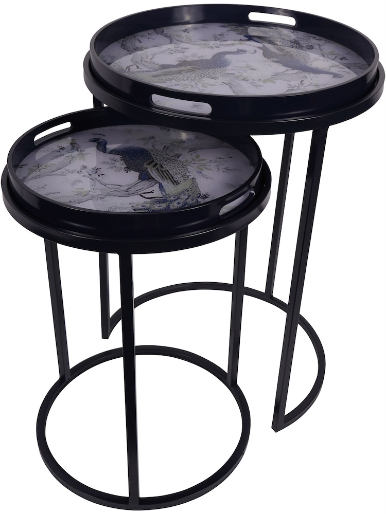 Laura Ashley Set of 2 Blue Belvedere Peacock Print Side Tables - Image 2 of 4