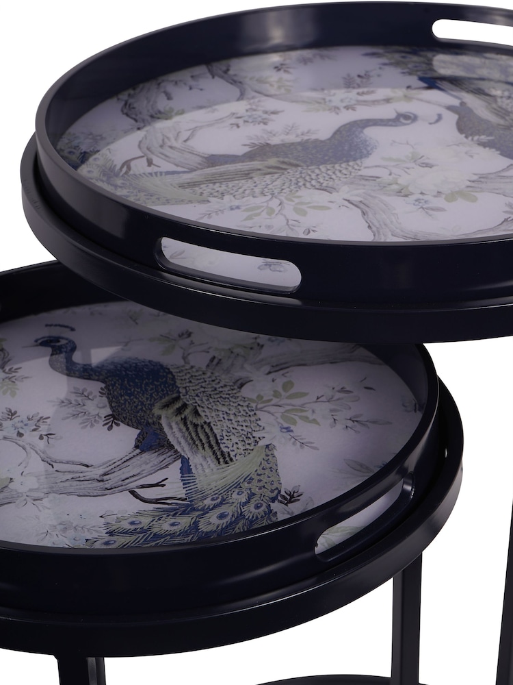 Laura Ashley Set of 2 Blue Belvedere Peacock Print Side Tables - Image 4 of 4