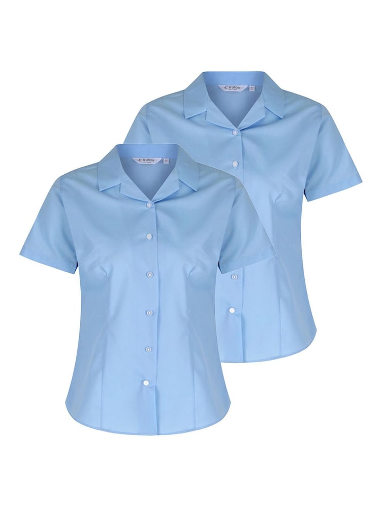 Trutex Girls 2 Pack Short Sleeve Non Iron Blue Revere School Shirts - Image 2 of 4