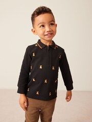 Черный "мишка" - Long Sleeve All Over Embroidered Polo Shirt (3mths-7yrs) - Изображение 1 из 7