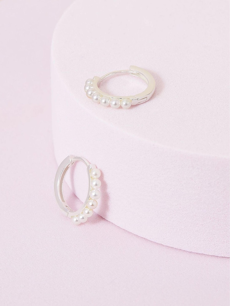 Accessorize Cream Sterling Silver Pearl Pave Huggie Hoops - Image 1 of 3
