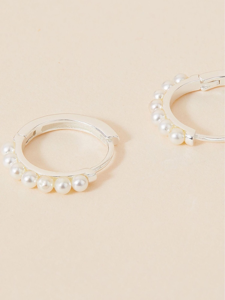 Accessorize Cream Sterling Silver Pearl Pave Huggie Hoops - Image 2 of 3