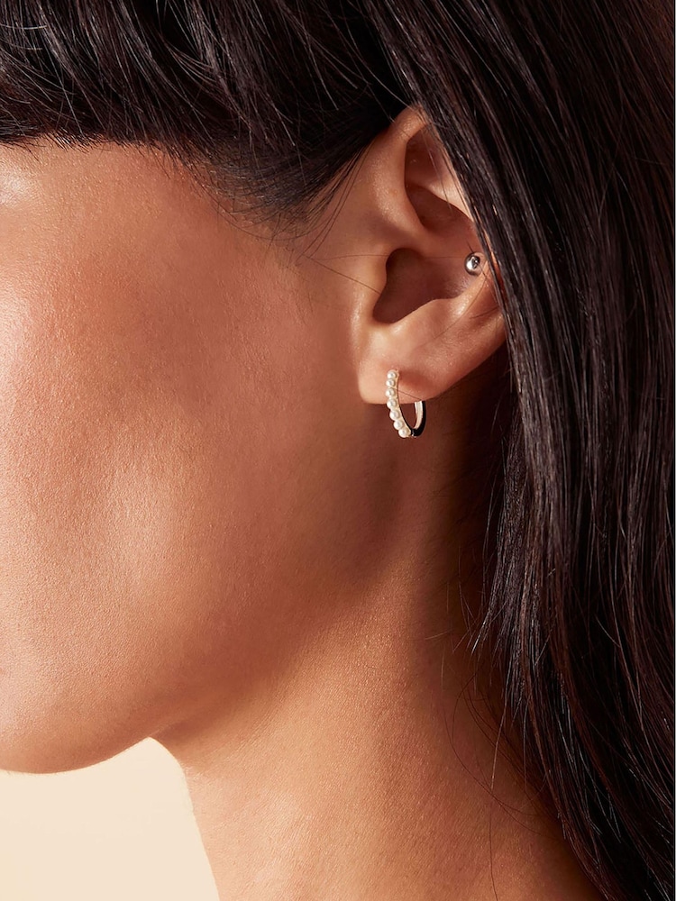 Accessorize Cream Sterling Silver Pearl Pave Huggie Hoops - Image 3 of 3