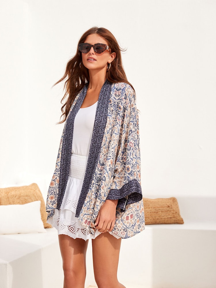 Navy/Oatmeal Morris & Co. Blackthorn Navy Oatmeal Floral Kimono - Image 1 of 7
