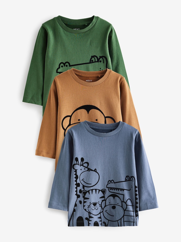 Green/Blue/Yellow Linear Animals Long Sleeve Character 100% Cotton T-Shirts 3 Pack (3mths-7yrs) - Image 1 of 6 Green/Blue/Yellow Linear Animals Long Sleeve Character 100% Cotton T-Shirts 3 Pack (3mths-7yrs) - Image 1 of 6