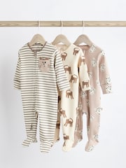 Neutral Leopard Baby 2 Way Zip 100% Cotton Sleepsuits 3 Pack (0mths-2yrs) - Image 1 of 9