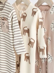 Neutral Leopard Baby 2 Way Zip 100% Cotton Sleepsuits 3 Pack (0mths-2yrs) - Image 3 of 9