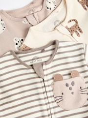 Neutral Leopard Baby 2 Way Zip 100% Cotton Sleepsuits 3 Pack (0mths-2yrs) - Image 4 of 9