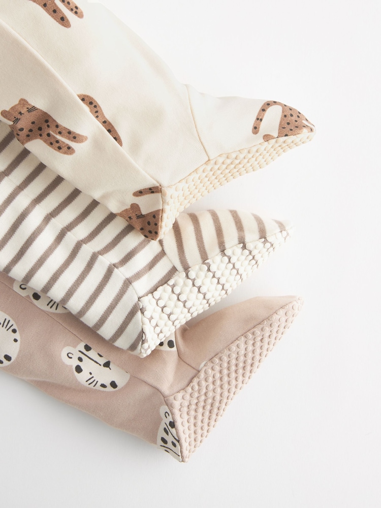 Neutral Leopard Baby 2 Way Zip 100% Cotton Sleepsuits 3 Pack (0mths-2yrs) - Image 9 of 9