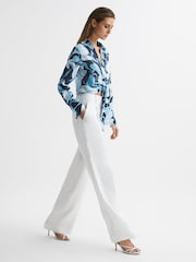 Reiss Navy/Blue Dahlia Print Linen Cropped Tie Front Blouse - Image 1 of 7