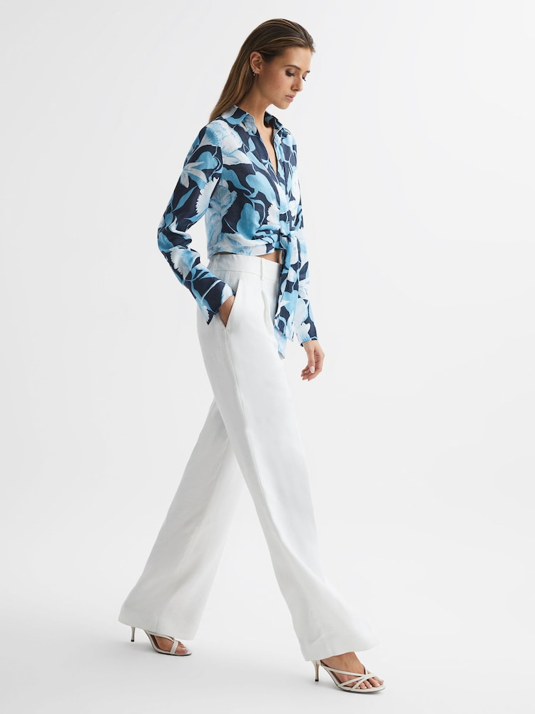 Reiss Navy/Blue Dahlia Print Linen Cropped Tie Front Blouse - Image 1 of 7