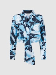 Reiss Navy/Blue Dahlia Print Linen Cropped Tie Front Blouse - Image 2 of 7
