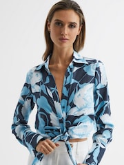 Reiss Navy/Blue Dahlia Print Linen Cropped Tie Front Blouse - Image 3 of 7