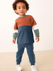 Rust/Navy Long Sleeve Cosy Colourblock T-Shirt and Joggers Set (3mths-7yrs) - Image 1 of 8