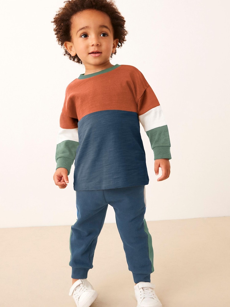 Rust/Navy Long Sleeve Cosy Colourblock T-Shirt and Joggers Set (3mths-7yrs) - Image 1 of 8