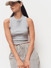 Grey Marl Ribbed Shorter length Sleeveless Racer Vest Tank Top - Image 1 of 5