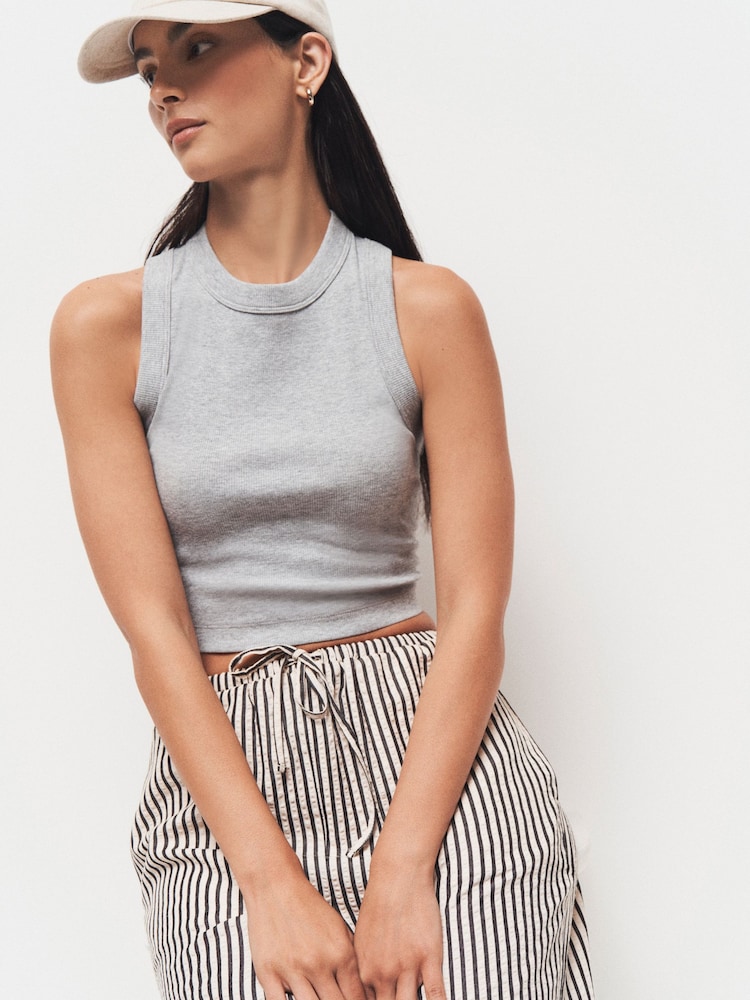 Grey Marl Ribbed Shorter length Sleeveless Racer Vest Tank Top - Image 1 of 5