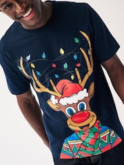 Navy Blue Reindeer Print Christmas T-Shirt - Image 1 of 7